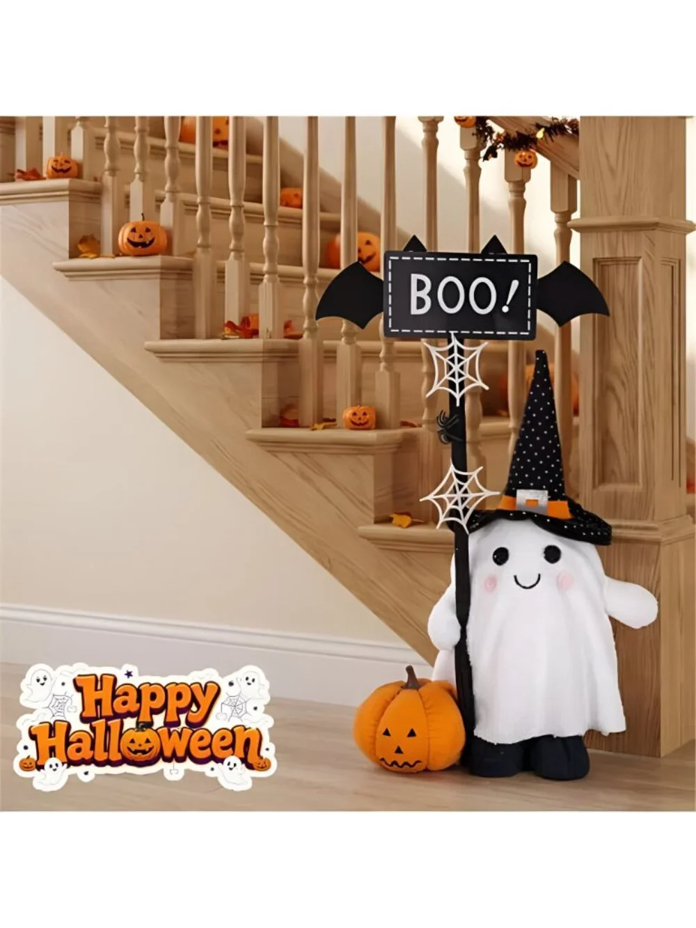 Standing Halloween Ghost Plush Decor with Adjustable Sign&Pumpkin